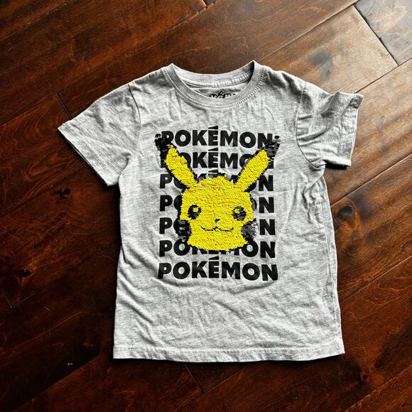 Pokemon Girls XS Graphic Tee Shirt Pikachu Sequins Gray Yellow - Picture 1 of 4